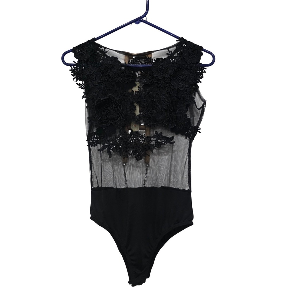 Love Nation Black‎ Sheer Mesh Floral Lace Applique Bodysuit CT6362 Mens Medium